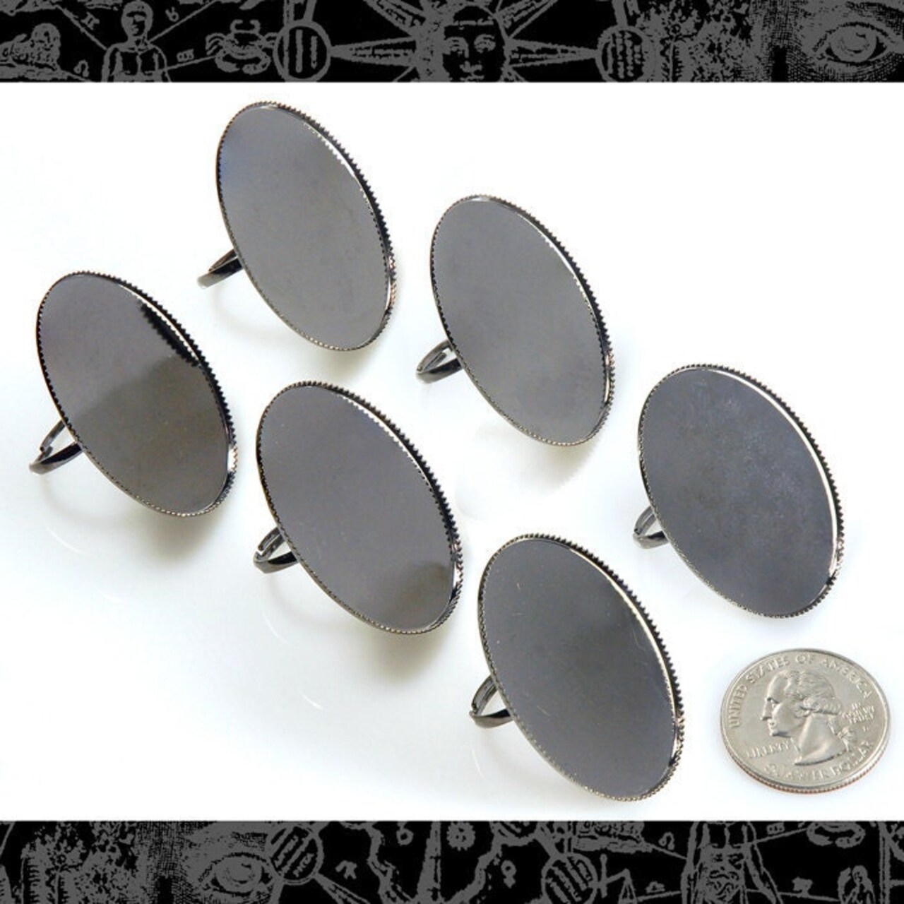 Gunmetal Ring Blanks with Oval Settings for 30mm x 40mm Cameo - Set of Six - RING12